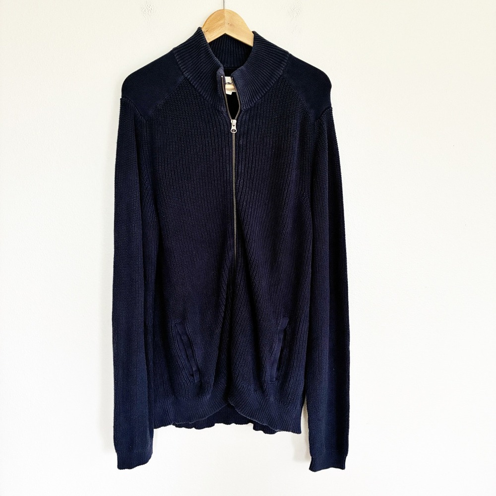 Pact Full Zip Sweater Mens Large Navy Blue Organic Cotton Ribbed Mock Neck